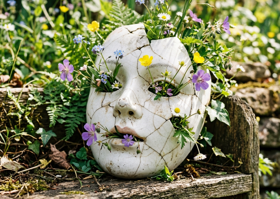 Cracked white ceramic mask with various wildflowers growing through the eyes, mouth, and cracks